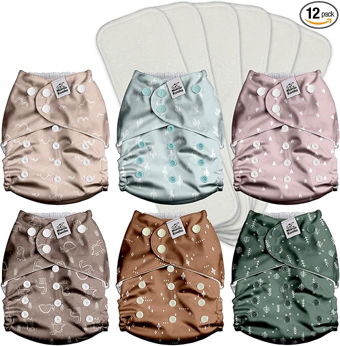 Mama Koala 3.0 Pocket Cloth Diapers for Babies with AWJ Lining, 6 Pack with 6 4-Layer Natural Cloth Diaper Inserts - Reusable and Washable Pocket Diapers(Simply Neutrals)