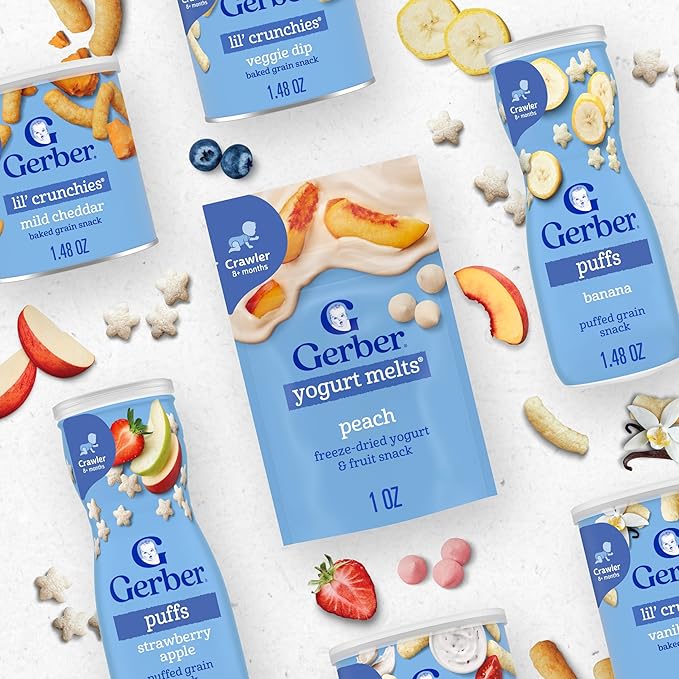 Gerber Stage 3 Baby Food Snacks, Strawberry, Banana Vanilla Yogurt Melts, Very Berry Fruit and Veggie Melts, Baby Led Feeding, 8-Pack