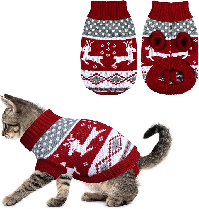 Cat Christmas Sweater Pet Winter Warm Coat Pajamas Reindeer Snowflake Knitwear by GOYOSWA