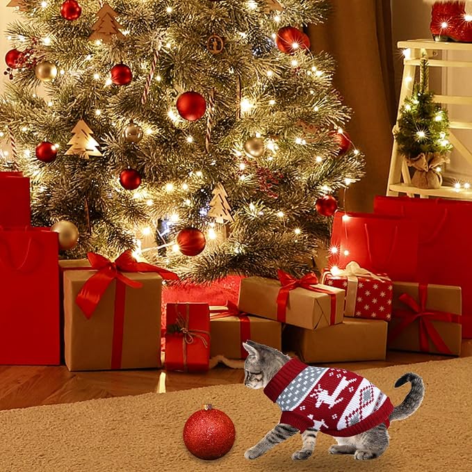 Cat Christmas Sweater Pet Winter Warm Coat Pajamas Reindeer Snowflake Knitwear - Image 5