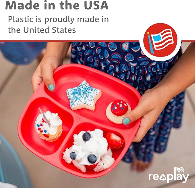 Re-Play Toddler Plates with Dividers - Deep-Walled 3 Compartments Divided Plates for Kids with 3 Lids - Dishwasher & Microwave Safe - Made in USA - Set of 3-7.37" x 7.37" x 1.25" - Berry