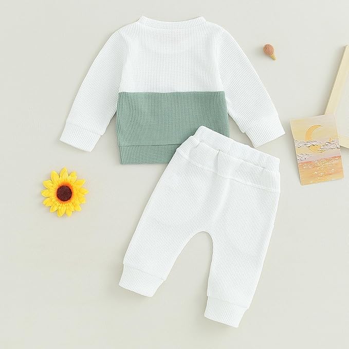 Toddler Baby Boy Fall Clothes Waffle Contrast Color Sweatshirt Pants Sets Infant Winter Outfits 6 12 18 24 Months