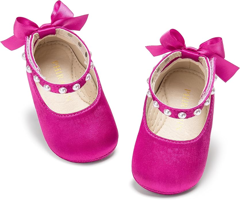 Baby Girls Mary Jane Flats - Infant Newborn Walking Shoes Soft Rubber Sole Princess Wedding