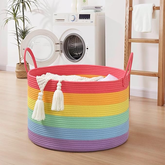 67L Rainbow Storage Basket for Organizing, 20"×13" Large Laundry Baskets, Cotton Rope Woven Blanket Basket, Toy Storage for Kids, Collapsible Blankets Storage for Living Room, Nursery Room