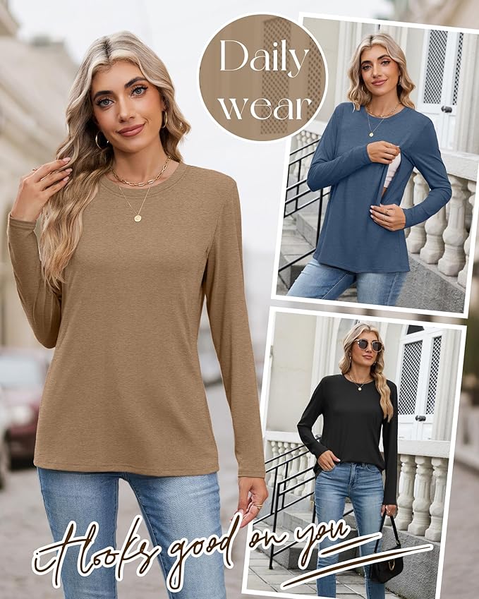 4 Pack Women's Nursing Breastfeeding Tops, Long Sleeve Maternity Shirts Loose Fit Hidden Zipper Pregnancy Clothes