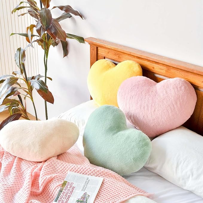 Sage Green Heart Pillows, Cute Heart Decorative Pillow, Heart Shaped Throw Pillows for Bed, Faux Rabbit Fur Plush Hoom Decor Pillow Cushion for Chair Sofa Living Room (Medium-15.7"x11.8")
