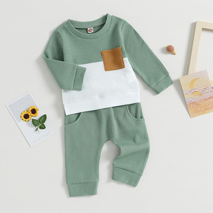 Toddler Baby Boy Fall Clothes Waffle Contrast Color Sweatshirt Pants Sets Infant Winter Outfits 6 12 18 24 Months