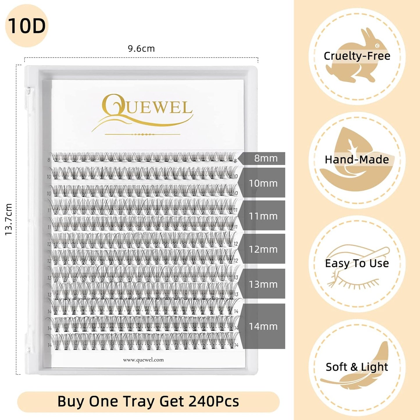 QUEWEL Lash Clusters 240Pcs Cluster Lashes 10D 0.10C Curl 12mm Individual Lashes Soft&Comfortable DIY Eyelash Extension at Home(10D 0.10C 12)