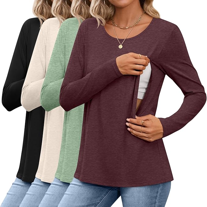 4 Pack Women's Cotton Nursing Tops, Breastfeeding Maternity with Hidden Zippers Crew Neck Long Sleeve Pregnancy Shirts