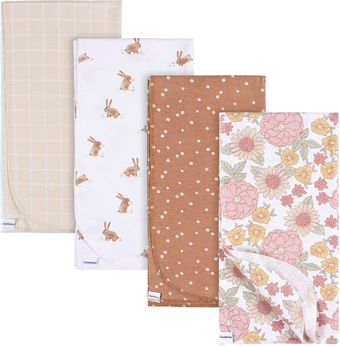 Gerber Unisex Baby 100% Cotton Flannel Receiving Blankets 30x30 Inches (Pack of 4), Retro Floral, One Size