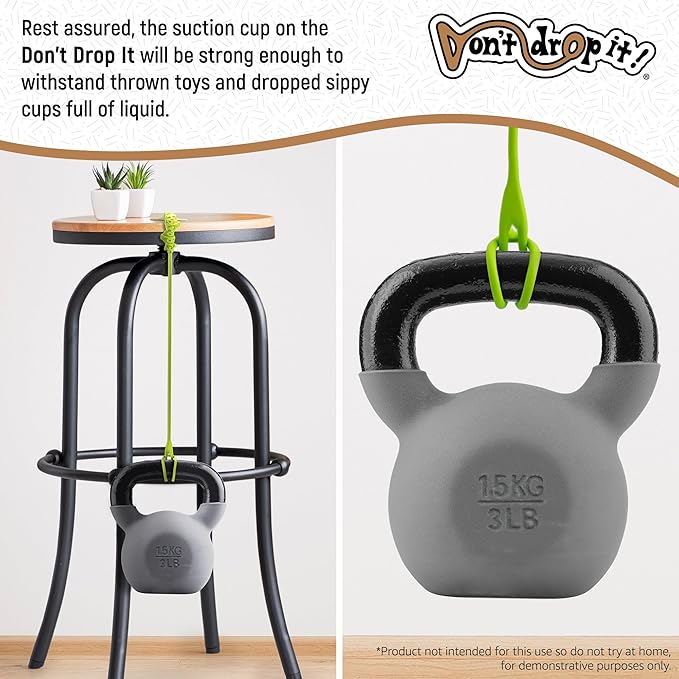 Don't Drop It ® Silicone Suction Cup Strap Tether - Keep Cups, Bottles, Toys, and More from Hitting The Floor - Easily Attaches to Smooth Sufaces on High Chairs, Tables, Bouncers, Walker Trays, etc.