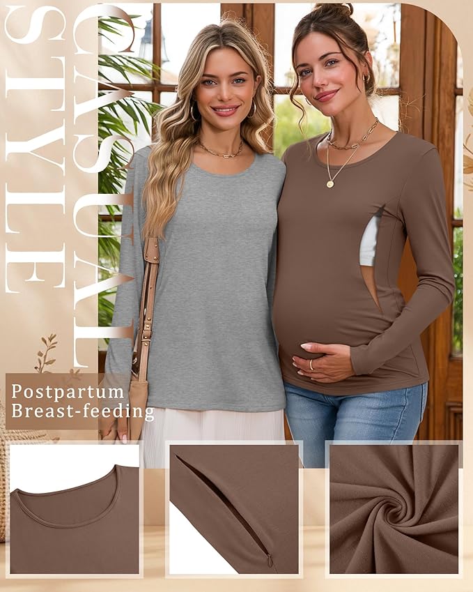 4 Pack Women's Cotton Nursing Tops, Breastfeeding Maternity with Hidden Zippers Crew Neck Long Sleeve Pregnancy Shirts