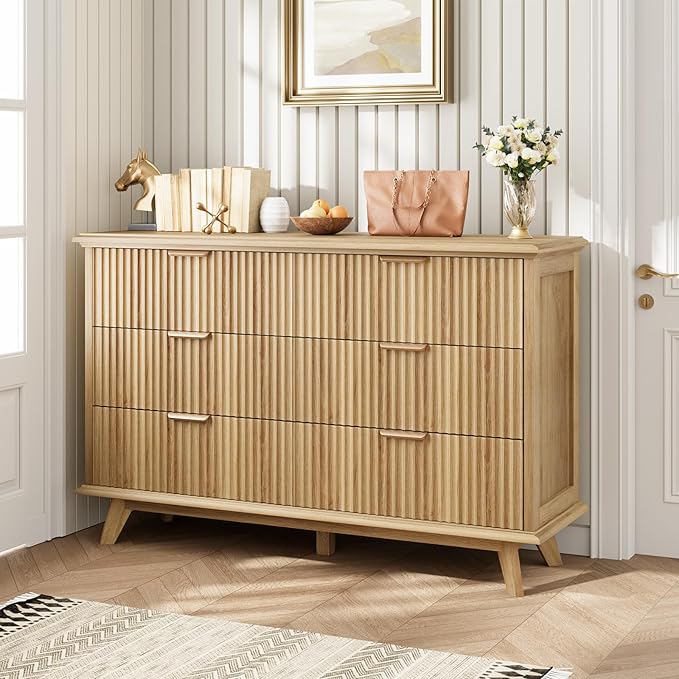 QUW Fluted Dresser for Bedroom with 6 Drawers, 47.2" Wide Modern Chest of Drawers with Metal Handle, Wooden Dresser TV Stand and Closet Clothes Storage Organizer for Living Room, Hallway, Natural Oak