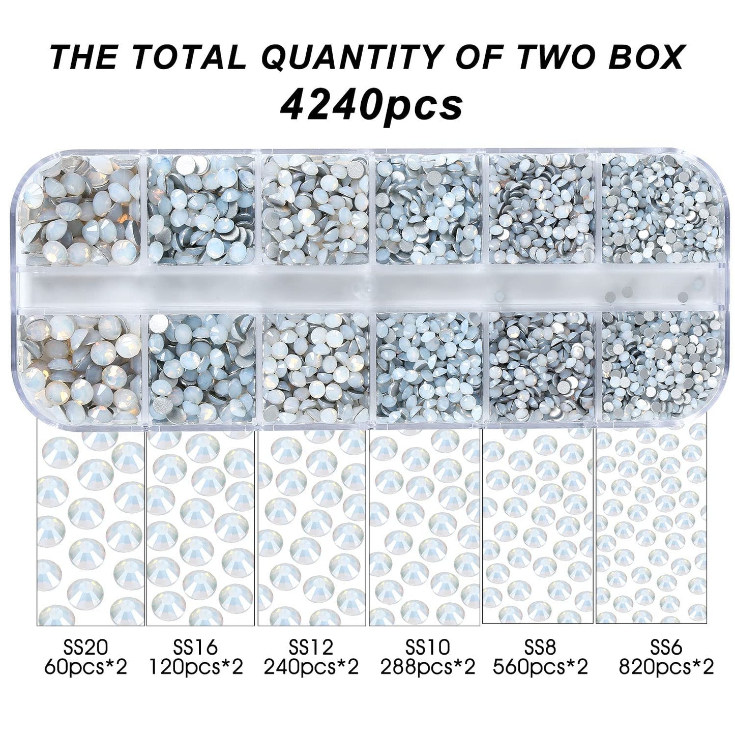 4240Pcs White Opal Flatback Rhinestones 6 Sizes Crystal Diamonds for Nail Art Crafts Clothes Shoes with Tweezers and Picking Pen