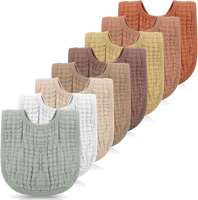 Frienda 8 Pcs Muslin Baby Bibs Cotton Bandana Drool Bibs Bulk for Newborn Infant 6 Absorbent Layers Feeding Accessory