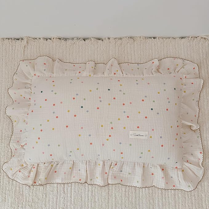 AOJIM Kids Toddler Pillowcase 1 Piece Super Soft Muslin Cotton Bedding Pillowcase with Colorful Beans Pattern, Ruffle Edges Nursery Pillowcase Durable Kids Pillow Cover, Machine Washable 14x20 Inches
