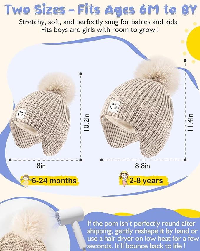3 Pack Baby Winter Hats with Earflaps, 2 Size Kids Pom Pom Beanie for Infant Toddler Children, Smiley Face Hat for Girls Boys