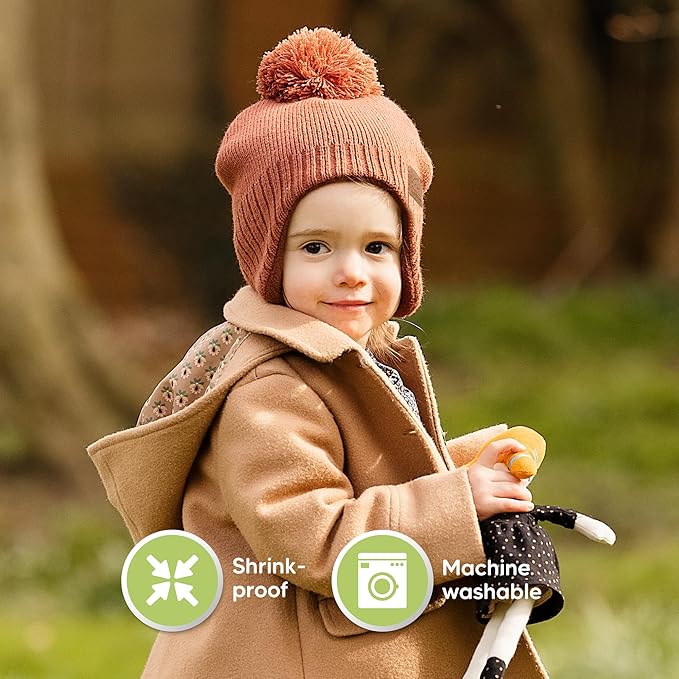 Baby Beanies, Baby Hats for Boys, Girls - Cute Toddler Winter Hat, Soft & Stretchy Beanies for Infant, Newborn 6-36 Months, Cozy & Warm with Earflap Muff & Pom (Tea Rose)