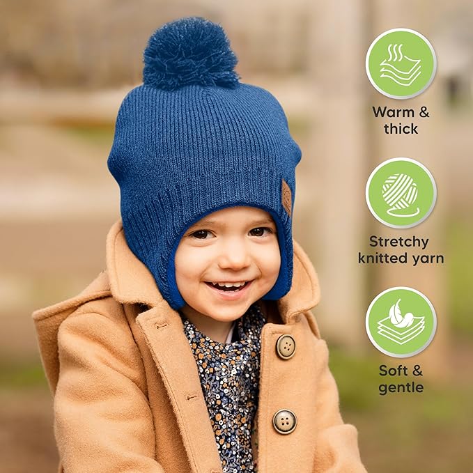 Baby Beanies, Baby Hats for Boys, Girls - Cute Toddler Winter Hat, Soft & Stretchy Beanies for Infant, Newborn 6-36 months, Cozy & Warm with Earflap Muff & Pom (Cobalt)
