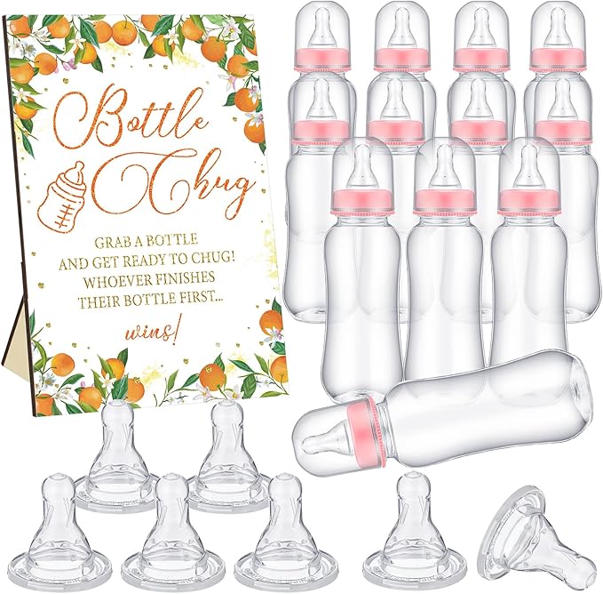TrelaCo Little Cutie Cool Baby Shower Games Bottle Chug Sign Wooden Orange Theme Gift Sets Gender Reveal Party Favors and 12 Pcs Baby Bottle Shower Favor for Games Gender Reveal