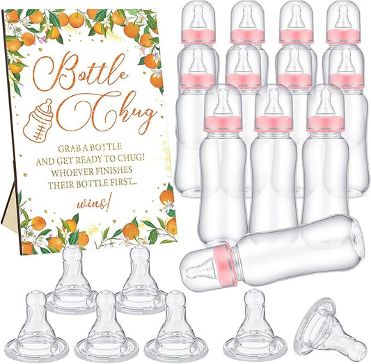 TrelaCo Little Cutie Cool Baby Shower Games Bottle Chug Sign Wooden Orange Theme Gift Sets Gender Reveal Party Favors and 12 Pcs Baby Bottle Shower Favor for Games Gender Reveal