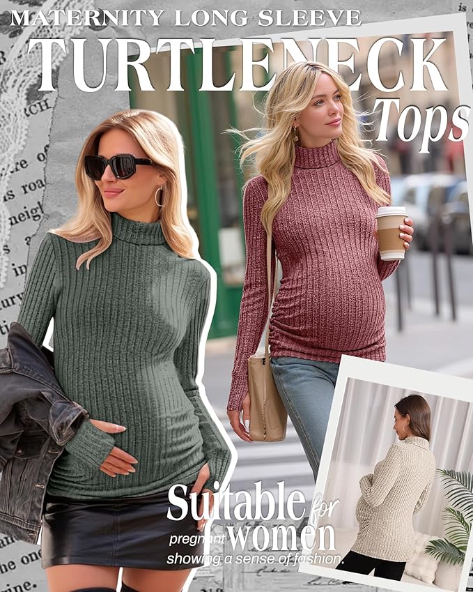 3 Pack Maternity T-Shirts Pregnancy Tops Women Sweater Long Sleeve Turtleneck Ribbed Finger Sleeve Outfits