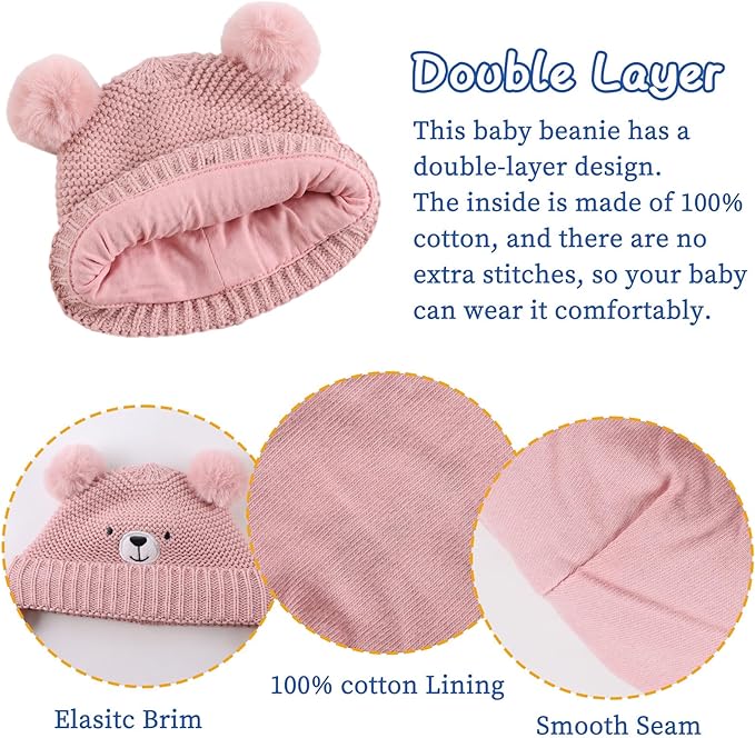 JANGANNSA Cute Bear Baby Beanie Pompom Baby Boys Hat Infant Toddler Winter Knitted Beanies for Girls