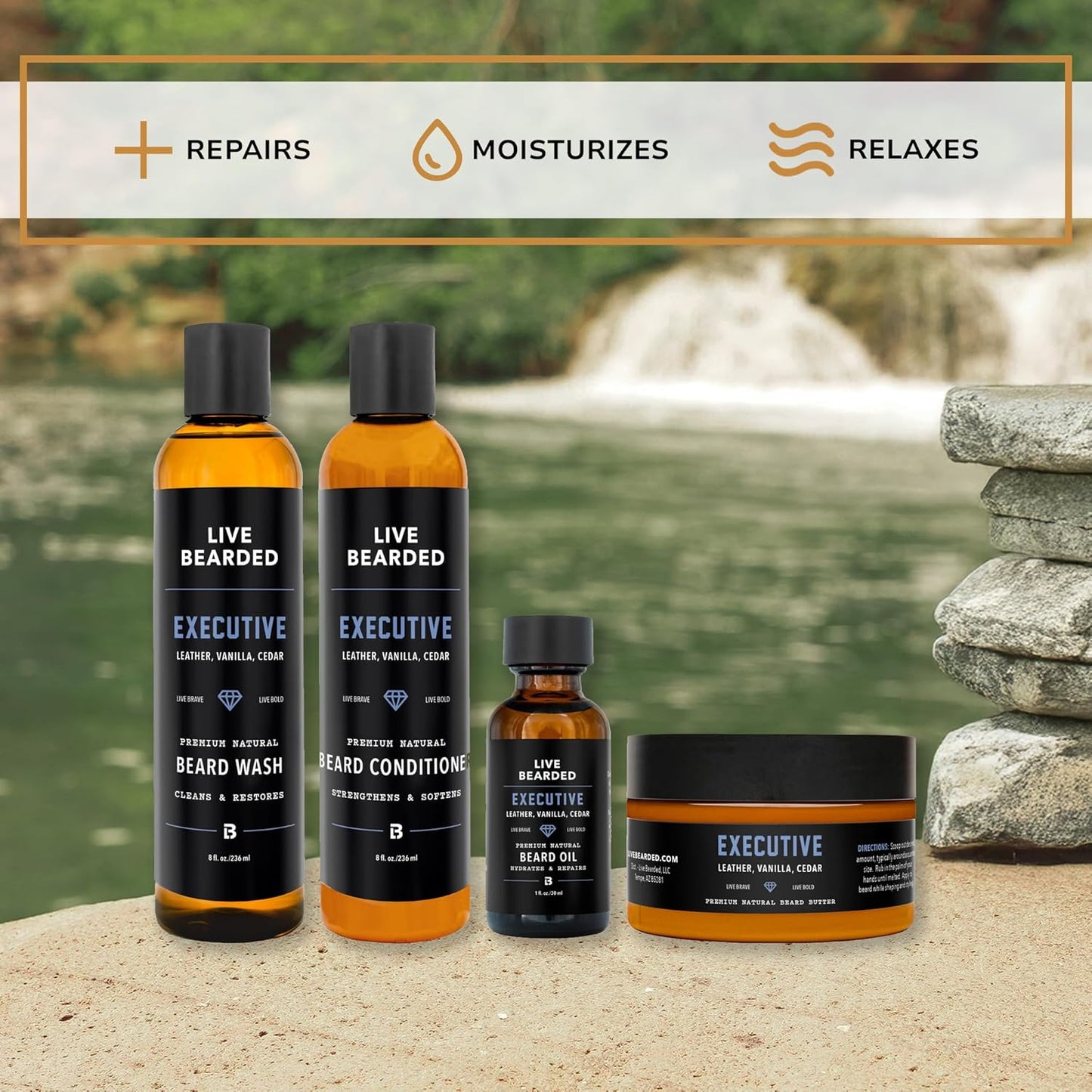 Live Bearded Complete Beard Grooming Kit - Wash, Conditioner, Butter and Oil - Made in the USA with All-Natural Ingredients - Mens Groom Set | Executive Scent - Cedar, Vanilla
