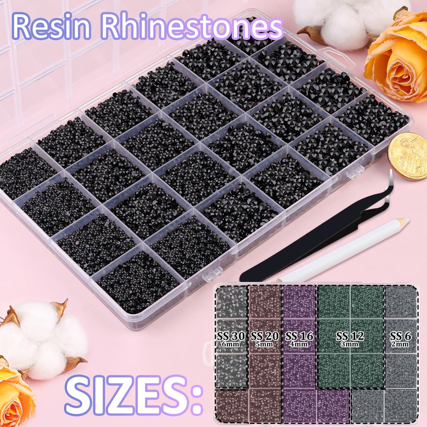 30000Pcs Black Rhinestones for Bedazzling Crafting, Flatback Resin Gems Crystal, Bedazzler Kit with 3Pcs 10ml B7000 Jewelry Glue and Tweezers for DIY Crafts Clothing Shoes Fabric Nail Art