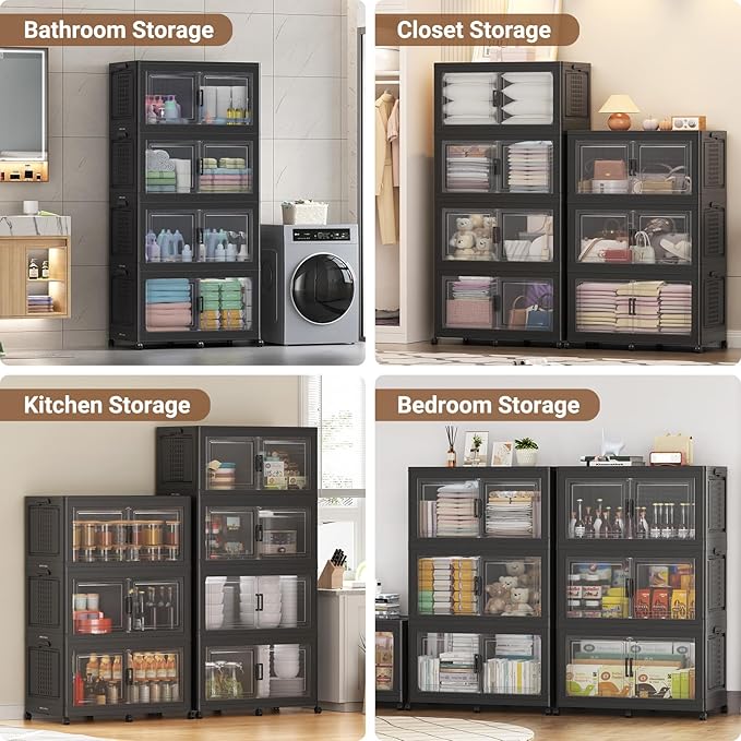 BROVIEW 600Qt Plastic Storage Bins with Lid and Wheels, 3Pack Extra Large Stackable Storage Bins with Dividers,Closet Organizers and Storage Cabinet Collapsible Box Shelves for Home Kitchen,Black