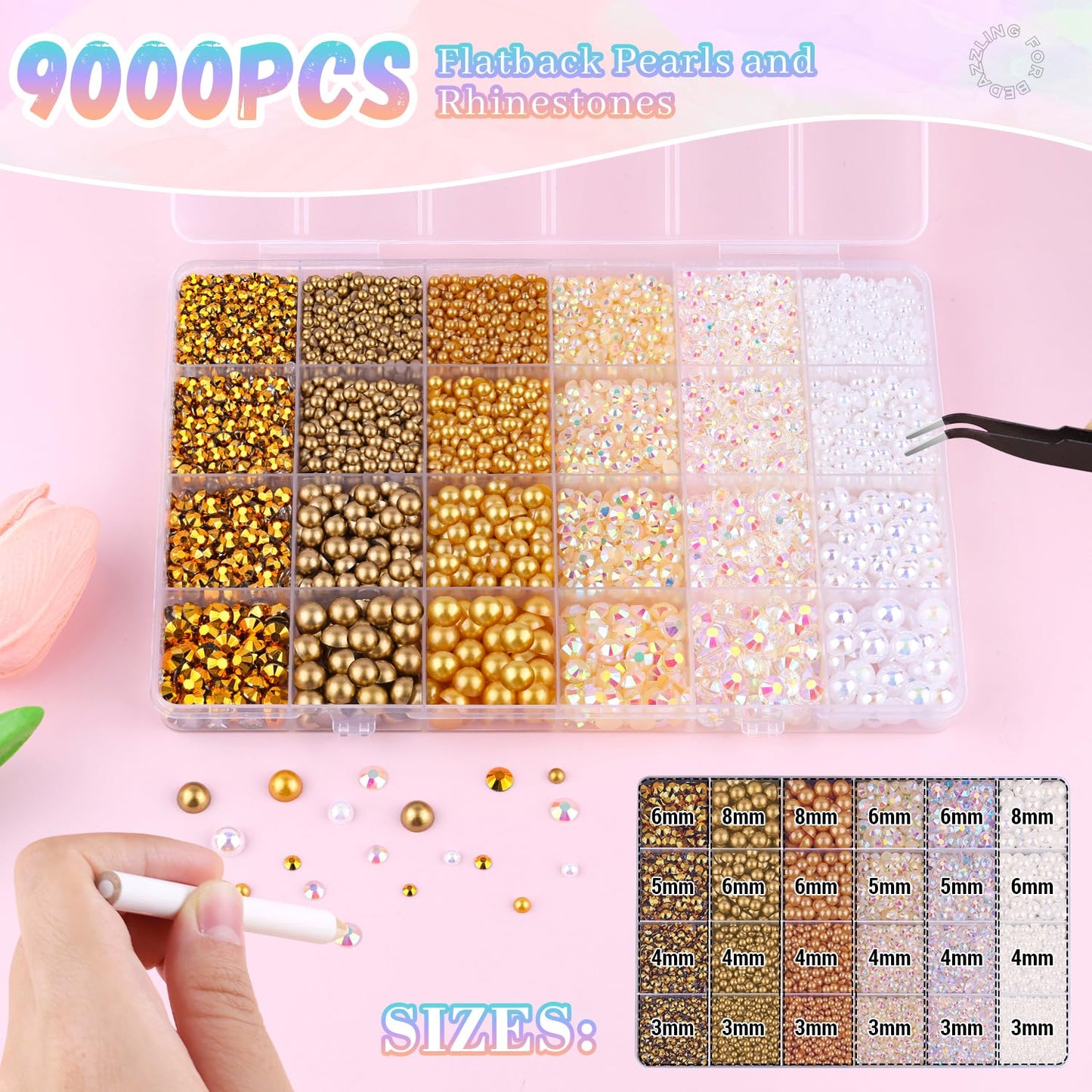 9000Pcs Flatback Pearls and Rhinestones for Crafting, White Brown Mixed Size 3-8mm Resin Rhinestones and Half Pearls for Bedazzling, Nail Art and Decoration with 3pcs B7000 Jewelry Glue