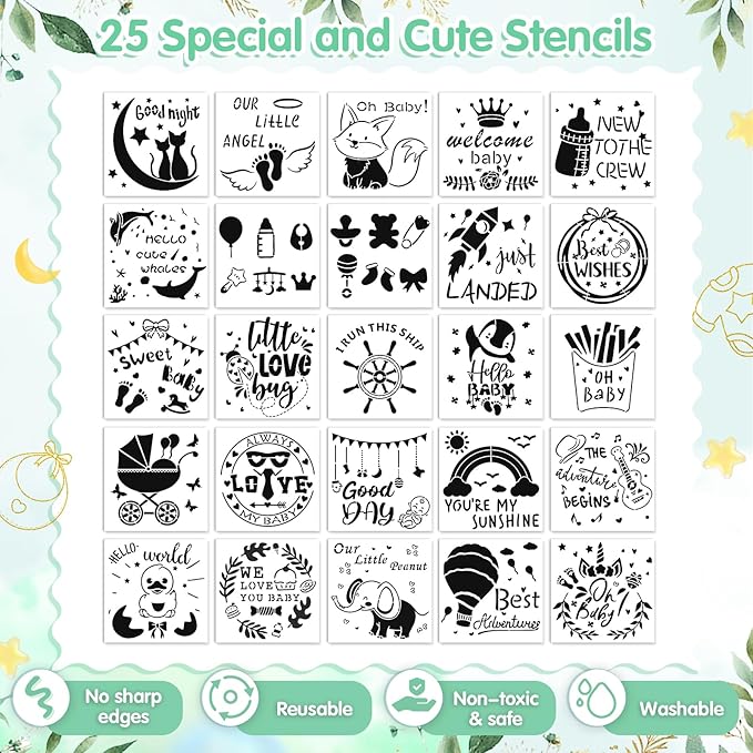 151 Pcs Baby Shower Game Decorations Kit with Bibs, Bodysuits, Wooden Sign & Fabric Markers (GreenGolden)