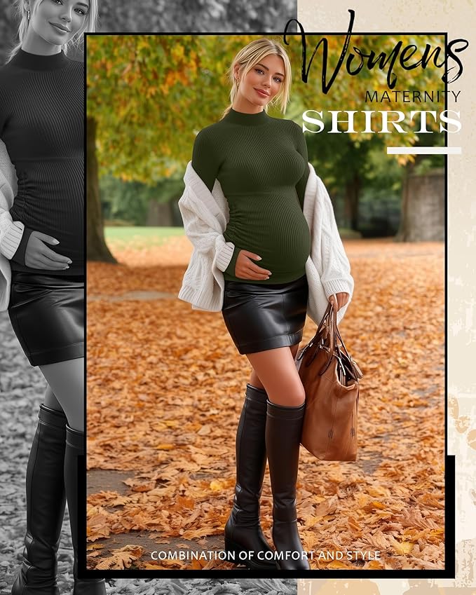 4 Packs Womens Maternity Shirts Long Sleeve Cotton Ribbed Pregnancy Mock Neck Side Ruched Workout Tops for Mama