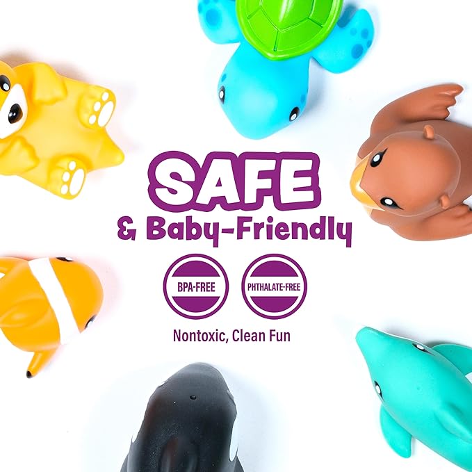 Tub Works® Marine™ Mold Free Bath Toys, 6 Pack | Sealed, No Hole Bath Toys Design Keeps Moisture Out | Soft, Squeezable & Float on Water | Easy-Grip Baby & Toddler Bath Toy Set | Great Baby Pool Toys