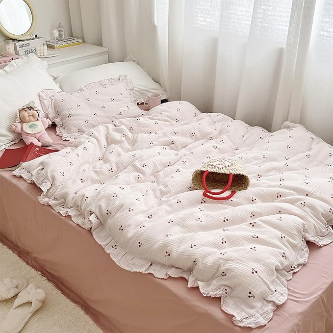 AOJIM Pink Cotton Muslin Kids Toddler Pillowcase Super Soft Baby Crib Bedding Pillowcase with Ruffle Edges Machine Washable Cherry Nursery Pillowcase for Boys Girls, Durable Kids Pillow Cover, 14x20''