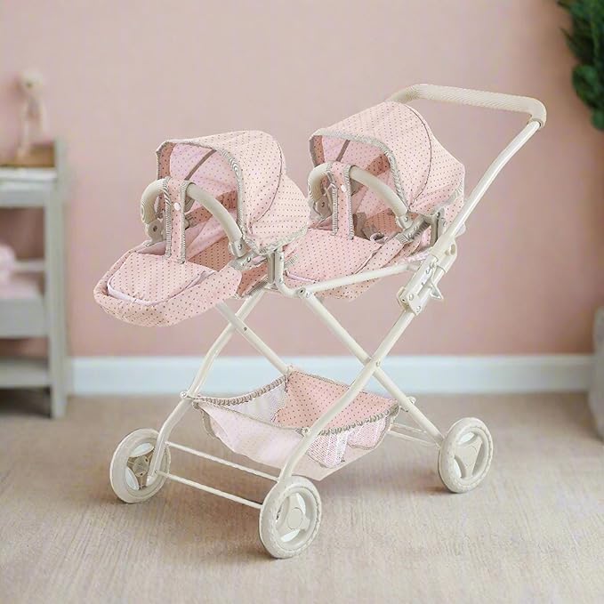 Olivia's Little World Twin Baby Doll Stroller, Double Bassinet Stroller Kids Baby Strollers for Dolls with Retractable Canopy & Storage for Kids Ages 3+, Pink/Gray