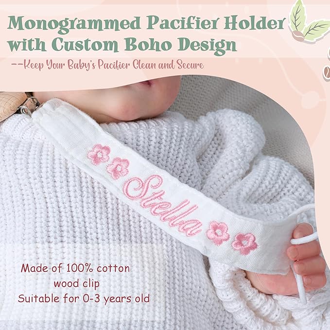 Personalized Bohemian Pacifier Clip Embroidered with Name is The Perfect Newborn Gift Made from eco-Friendly Bamboo! (Orange)