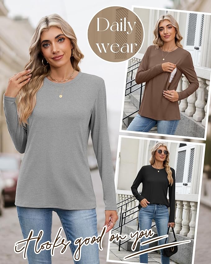 4 Pack Women's Nursing Breastfeeding Tops, Long Sleeve Maternity Shirts Loose Fit Hidden Zipper Pregnancy Clothes