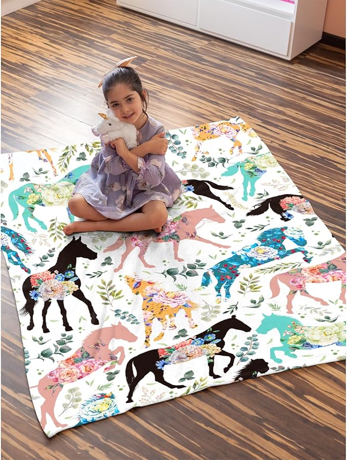Colorful Floral Horse Throw Blanket for Women Men Flowers Animals Blanket Gifts for Adults Cute Horse Lightweight Blanket 60X80 Inches for Bed All Season