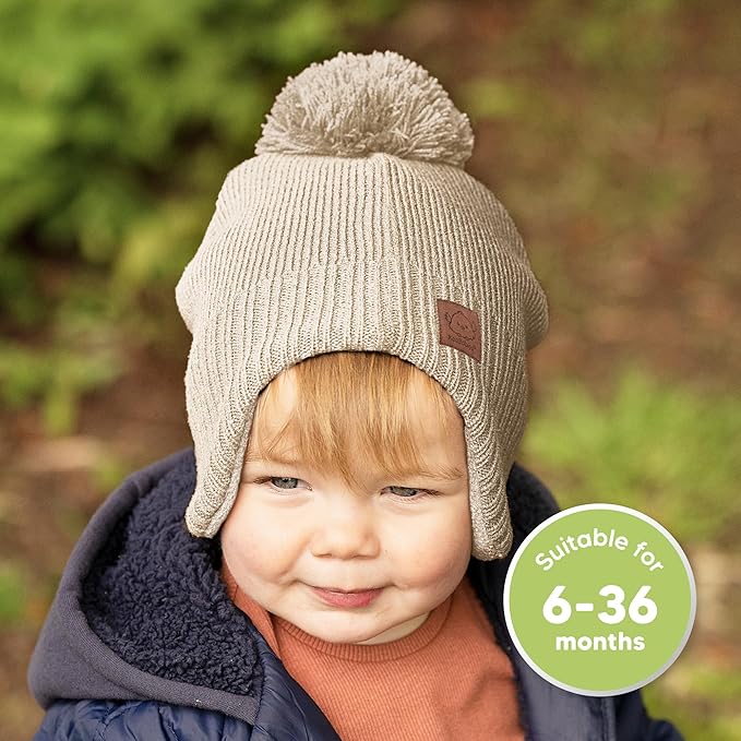 Baby Beanies, Baby Hats for Boys, Girls - Cute Toddler Winter Hat, Soft & Stretchy Beanies for Infant, Newborn 6-36 months, Cozy & Warm with Earflap Muff & Pom (Cream)
