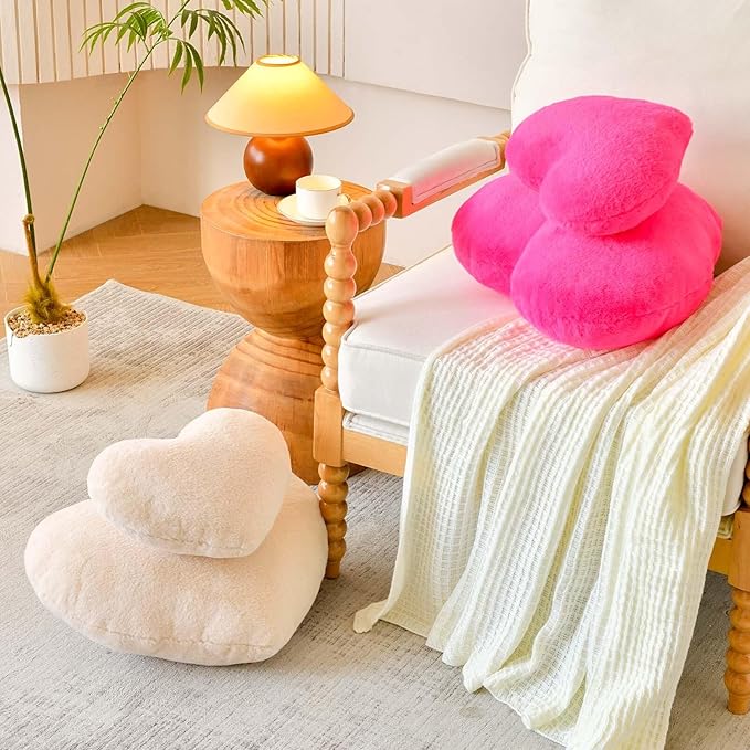 Hot Pink Heart Pillows, Cute Heart Decorative Pillow, Heart Shaped Throw Pillows for Bed, Faux Rabbit Fur Plush Hoom Decor Pillow Cushion for Chair Sofa Living Room (Mini 12.9" x 9.8")