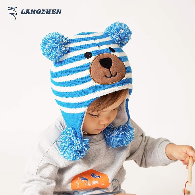 LANGZHEN Toddler Kids Infant Winter Hat,Earflap Knit Warm Cap Fleece Lined Beanie for Baby Boys Girls