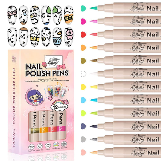 12 Colors Nail Art Pens Set, 3D Nail Color Pens, Quick-Drying Acrylic Paint Markers, Dotting Liner Brush for DIY Nail Design, Home & Salon Manicure Tools