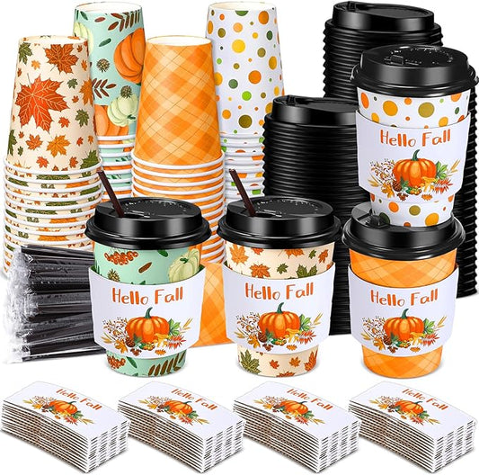 Lallisa 100 Sets Fall Thanksgiving Coffee Cup Bulk with Lid Disposable 12 oz Fall Hot Cups Paper and Sleeves Straws, Autumn Drinking Supplies for Holiday Party(Stylish Style)