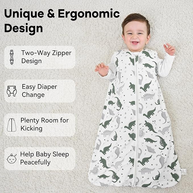 Baby Sleep Sack 0-6 Months 1.0 Tog Baby Wearable Blanket 100% Cotton Sleeping Sack with 2-Way Zipper for Infant Newborn Gray White Dinosaur