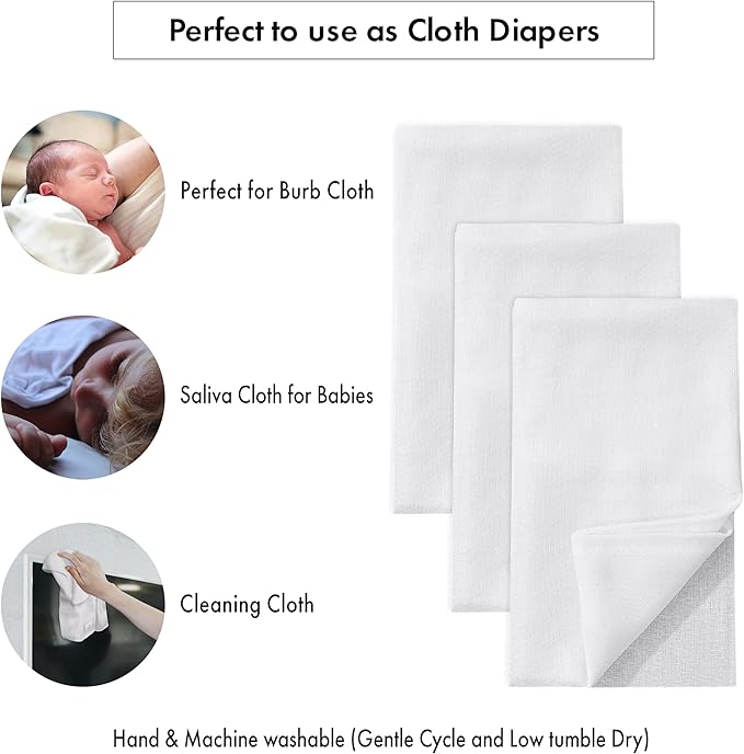RUVANTI Unisex Birdseye Flat-Fold Cloth Diapers for Babies 6 Pack, 100% Cotton Reusable Diaper Inserts 23x23 Inches, White