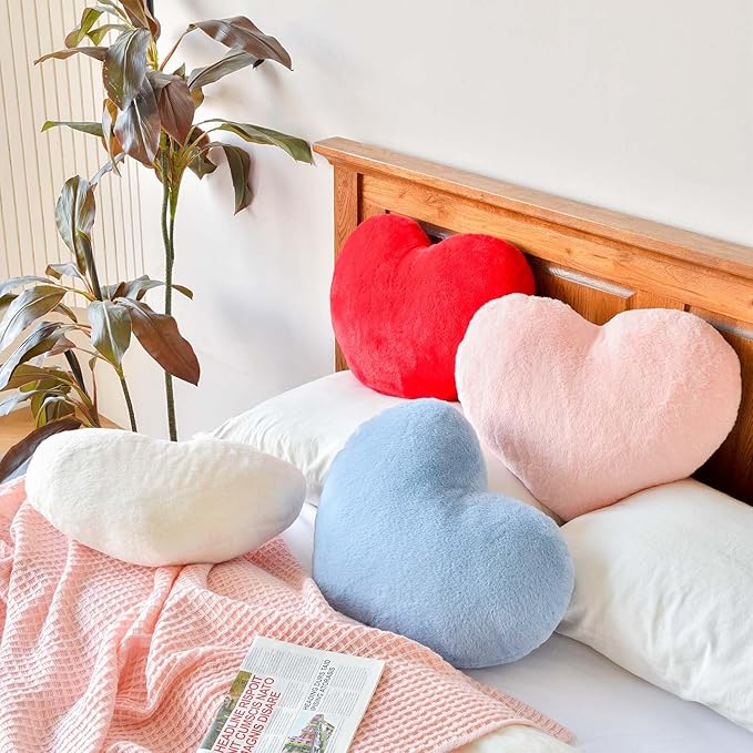 Dusty Blue Heart Pillows, Cute Heart Decorative Pillow, Heart Shaped Throw Pillows for Bed, Faux Rabbit Fur Plush Hoom Decor Pillow Cushion for Chair Sofa Living Room (Large-19.6"x15.7")