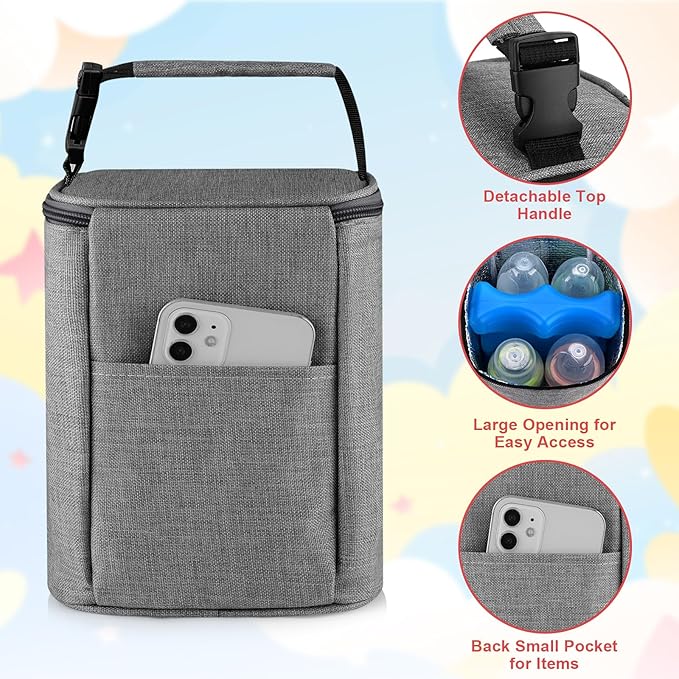 Accmor Breastmilk Cooler Bag with Ice Pack, Baby Bottle Cooler Bags, Insulated Tote Bags On The Go, Fits 4 Large 8oz Bottles, for Nursing Mom Daycare Travel, Grey