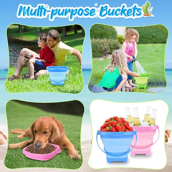 Collapsible Beach Toys for Kids, 3 Pack Foldable Sand Buckets and Shovels Set with Mesh Bag, Silicone Pails for Beach Travel Essentials, Easter Egg Hunt, Sand Toys Molds for Kids and Toddlers