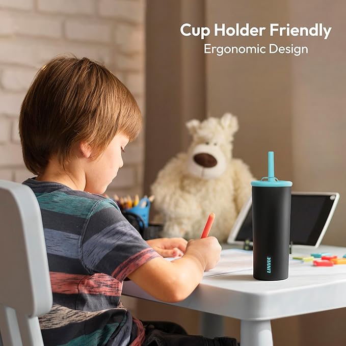 Candy Tumbler, 20 oz Kids Insulated Stainless Steel Water Bottle with Spill Resistant Silicone-Metal Straw and 2-in-1 Lid, BPA-Free, Cup Holder Friendly, Dishwasher Safe, Hot Pink